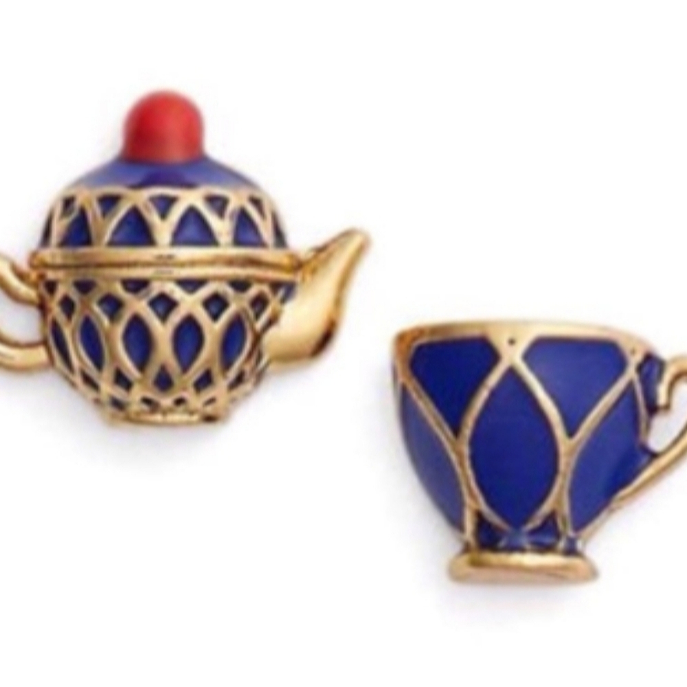 "Tea time" blue Teapot earrings studs gold tone New